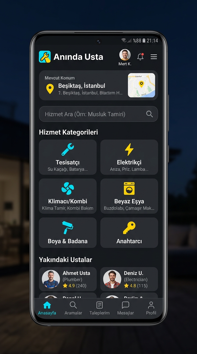 Anında Usta mobil uygulaması
