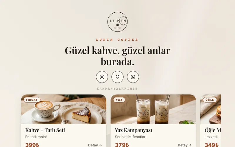 Lupin Coffee için yaptığımız dijital menünün telefonda açılan karşılama ekranı