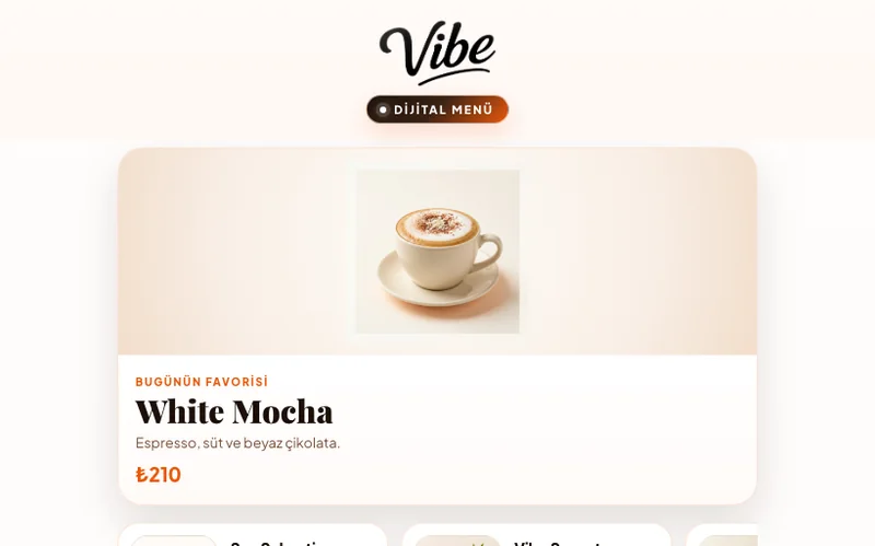 VibeCafe dijital menüsünde günün favorisi ve kategori kartları