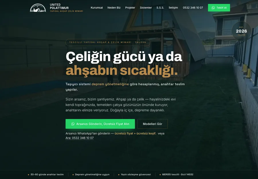 United Polattimur kurumsal sitesinin açılış ekranı: yapı fotoğrafı üzerinde başlık, teklif alma butonları ve güven şeridi
