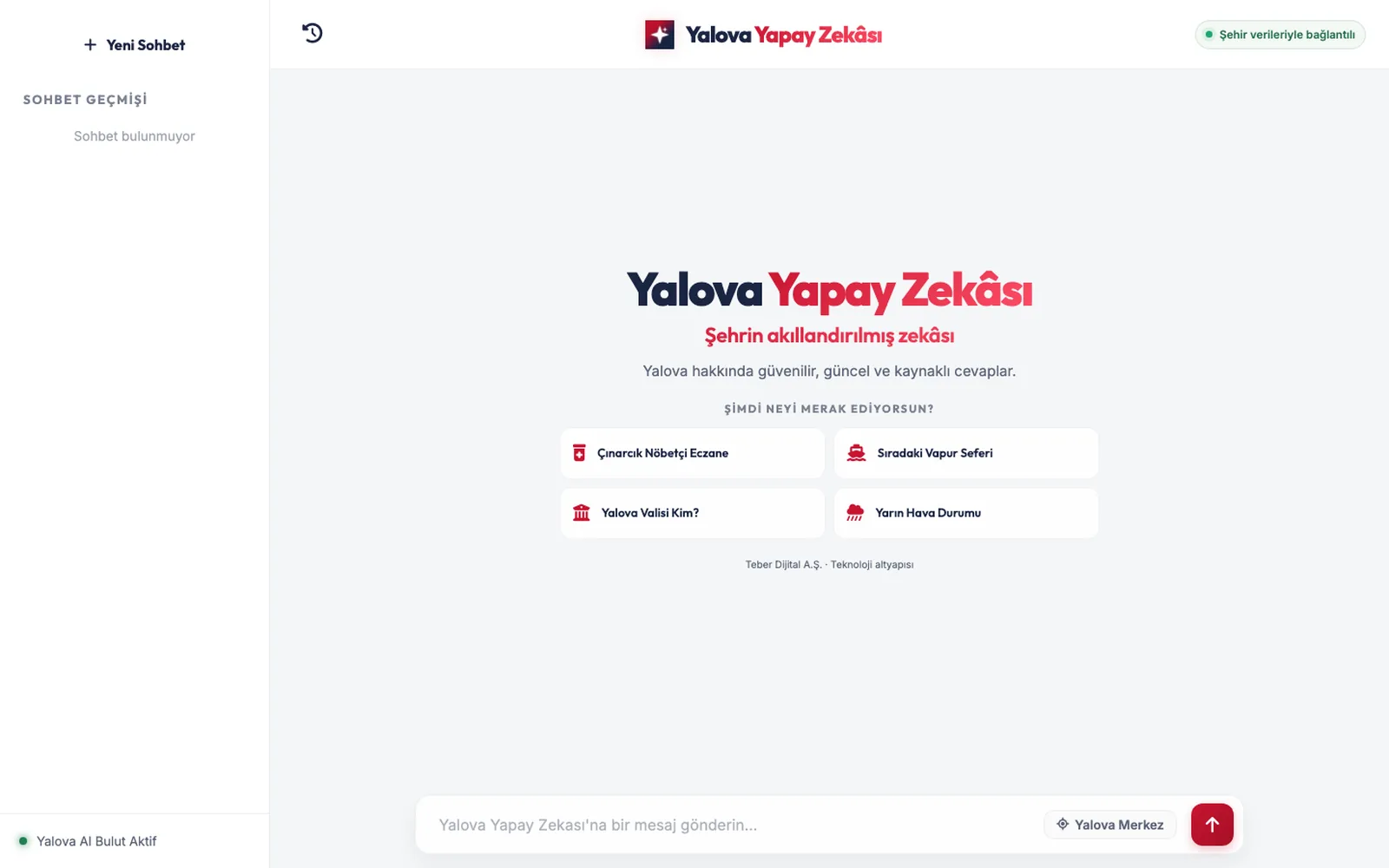 Yalova Yapay Zekâsı web portalı — AI soru-cevap arayüzü
